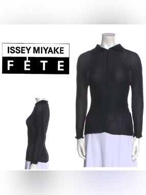 Issey Miyake Fete long-sleeve black top, pleating and classic 2way spread collar